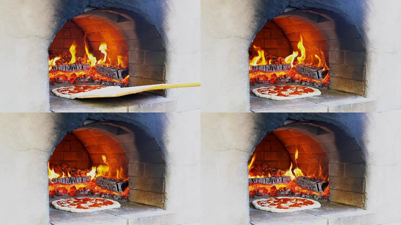 在烤箱中烘烤的火烧热木头披萨