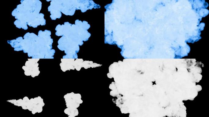 大量流动的荧光蓝色墨水或烟雾，在慢动作中隔离在黑色上。蓝色颜料在水中卷曲。用于墨水背景，墨水效果。阿