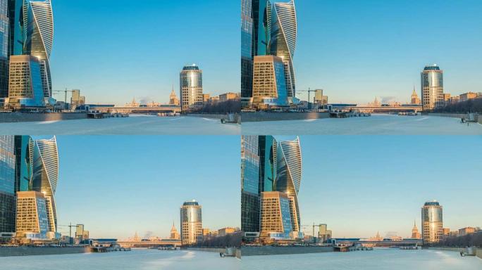 莫斯科市和冰冻的河流在日落时的冬日时光倒流