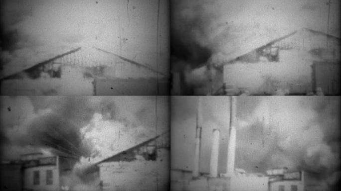 1963: 建筑物被火焰吞没，从屋顶涌出的火烟。