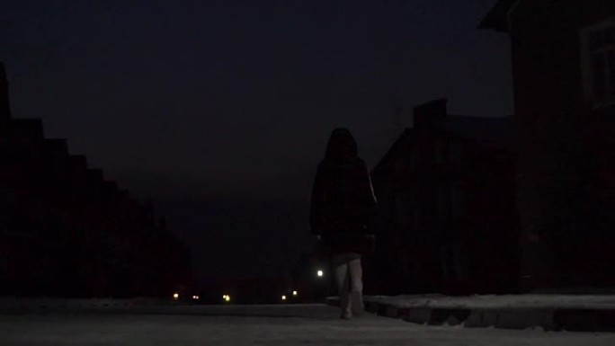 穿着皮大衣的女孩晚上在雪小区散步，放大视频