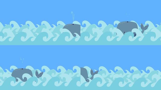 卡通鲸鱼在蓝天上在海里游泳