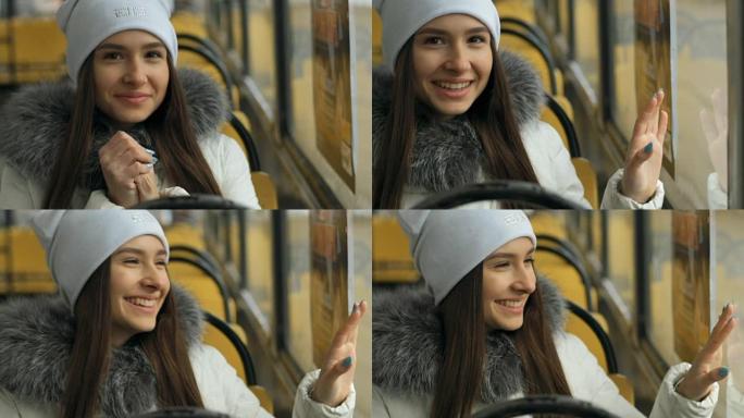乘坐电车时幸福的女人的肖像