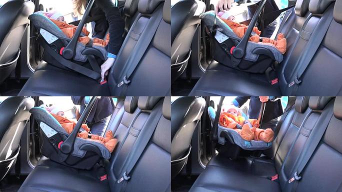 母亲解开汽车座椅上儿童的安全带。全高清