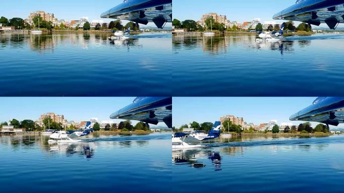 海港的海上飞机出租车，双水獭飞机，静止的海水反射