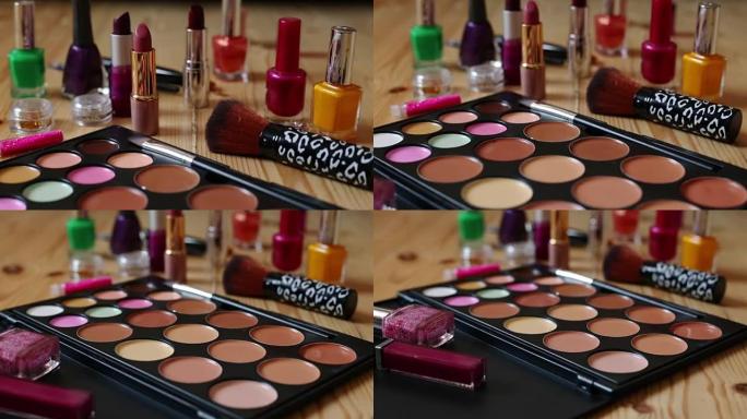 彩妆彩色化妆品调色板，口红，刷子和指甲瓶