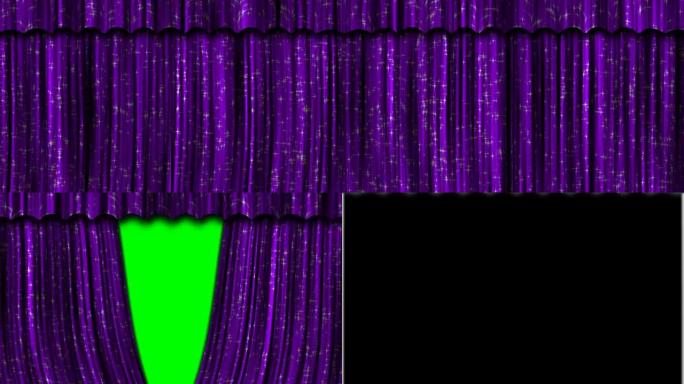 紫色窗帘打开/关闭，配有绿色屏幕和阿尔法亮度哑光。