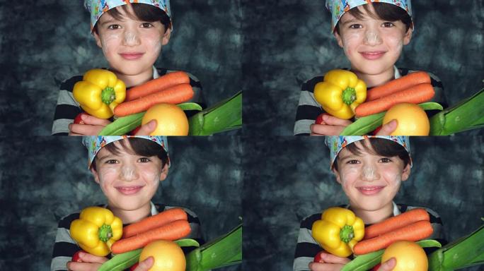 4k色彩丰富的厨师孩子与少量蔬菜合影