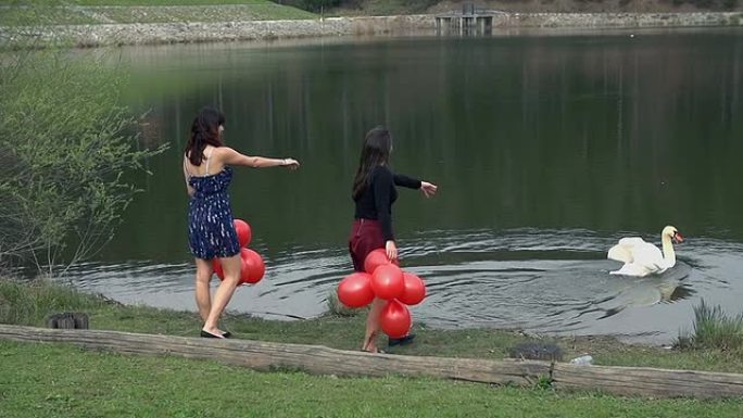 两个拿着红色气球的女孩在湖中发现天鹅