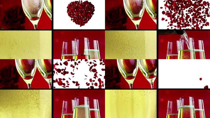 多屏幕场景，在长笛中倒入，饮用和特写香槟，带有红色花瓣的气泡，玫瑰在红色散景背景，爱情和情人节上飞舞