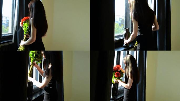 穿着黑色连衣裙的年轻黑发美女去工作室，把花放在花瓶里