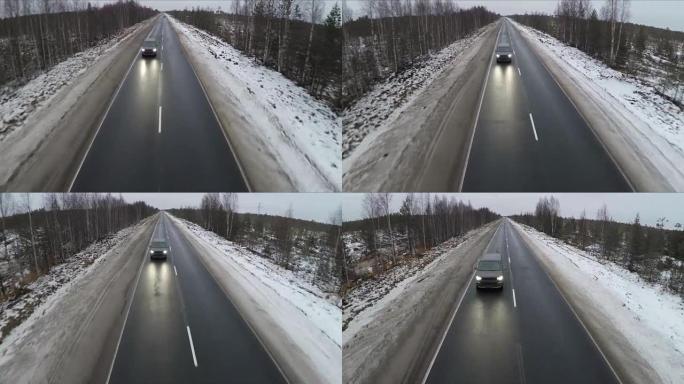 冬季道路上小型货车的空中拍摄