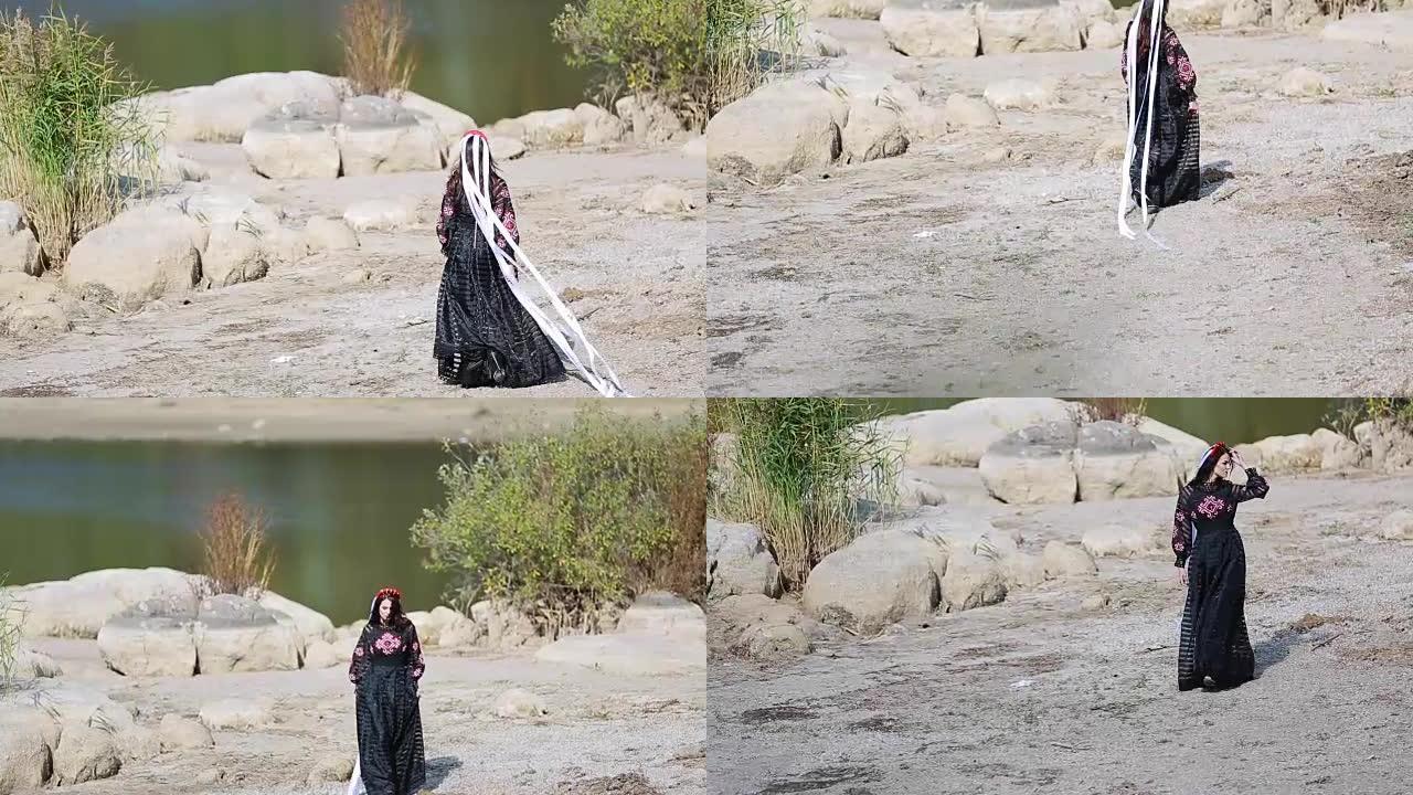 女时装模特在河边摆姿势