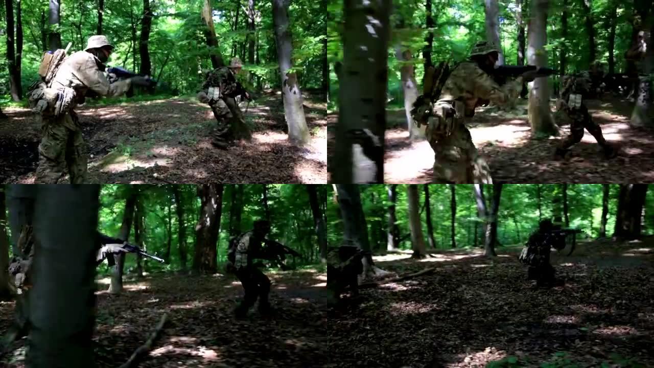 游击游击战士带着枪在森林伏击中攻击瞄准。战场演习训练