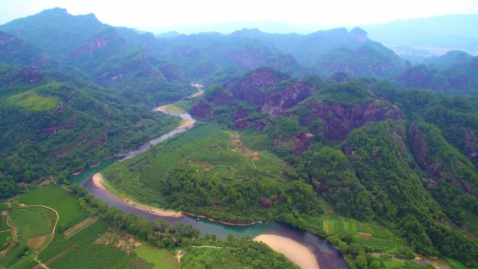 航拍武夷山九曲溪、丹霞地貌及茶园风光