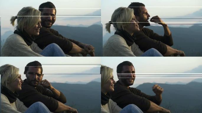 日落时年轻坐着的夫妇什么全景山视频高清