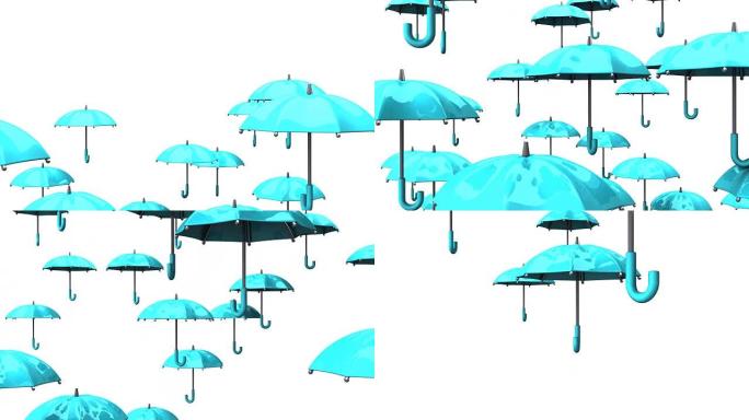 白色背景上上升的淡蓝色雨伞