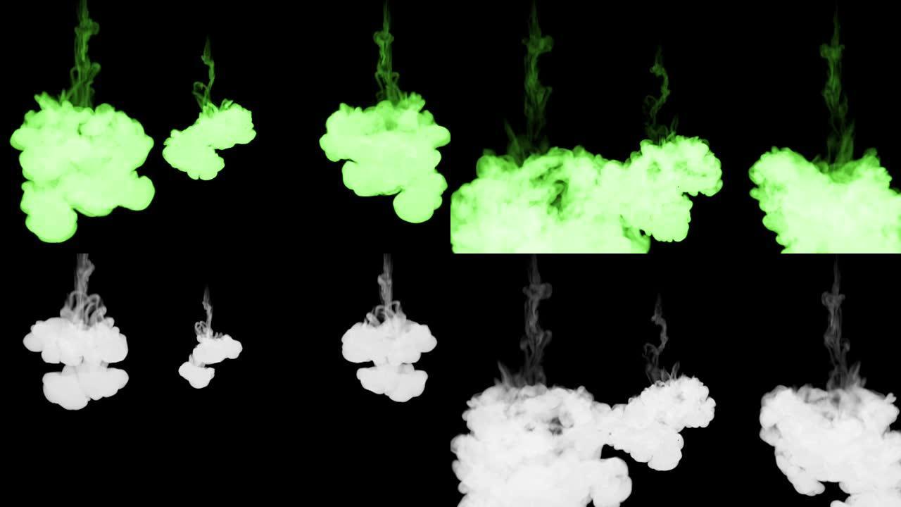 荧光亮绿色的气泡在水中，许多滴墨水。这是慢动作的3d渲染拍摄，用于与阿尔法通道合成的墨水背景或墨水效