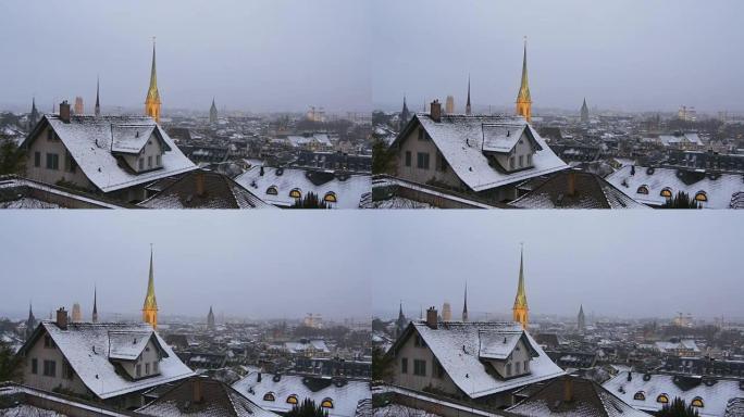 瑞士著名的黄昏冬季苏黎世视点雪城景观全景4k