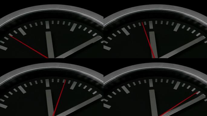 黑色背景上孤立的黑色挂钟的特写，显示12点10分