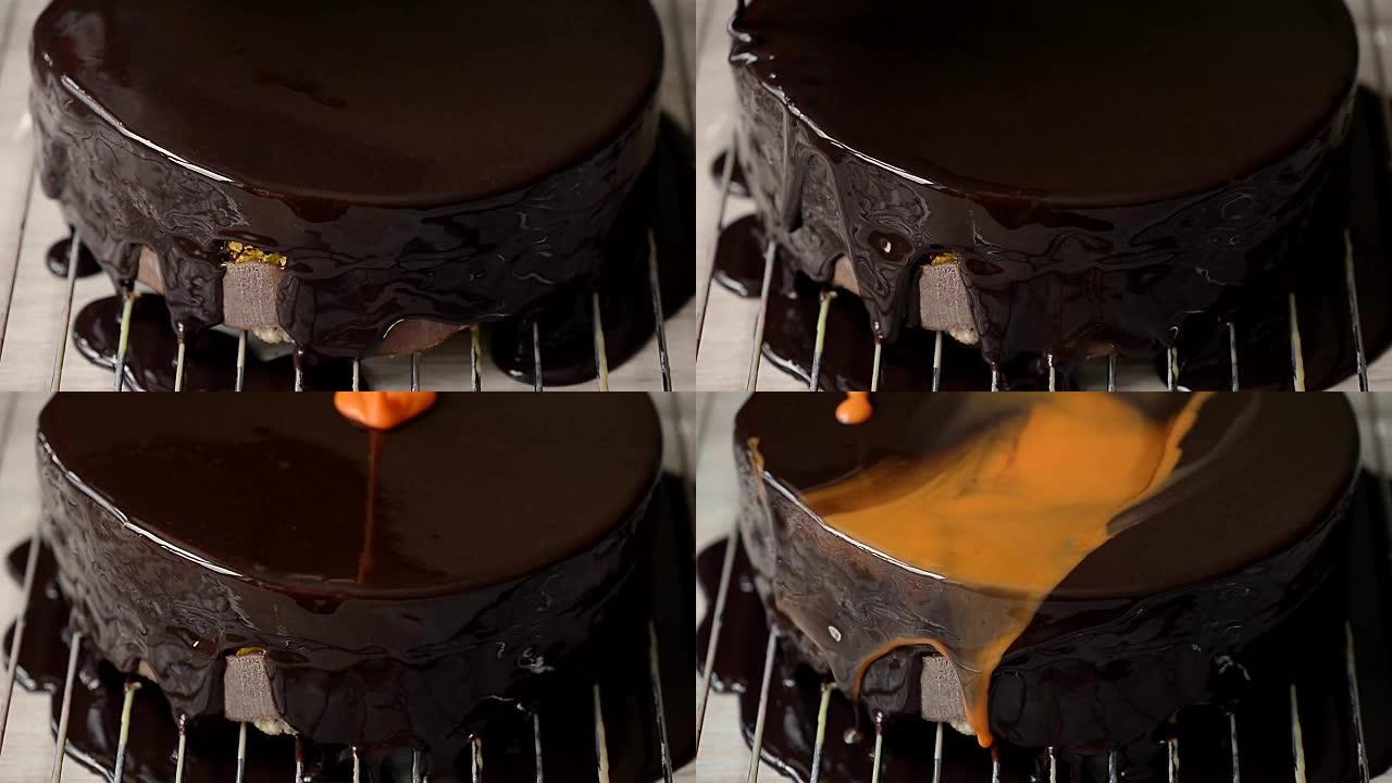 在蛋糕轮上浇铸镜面釉的过程。慕斯。棕色巧克力