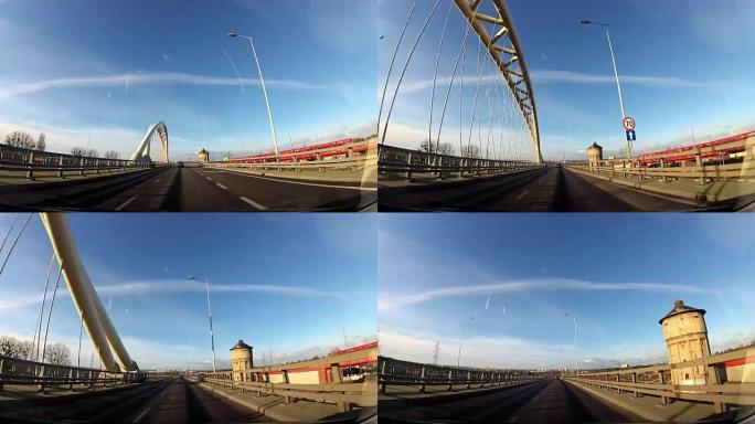 仪表板凸轮驾驶通过现代桥梁视点，波兰欧洲