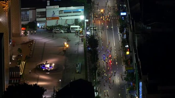 夜间曼谷市屋顶交通街街区全景4k泰国