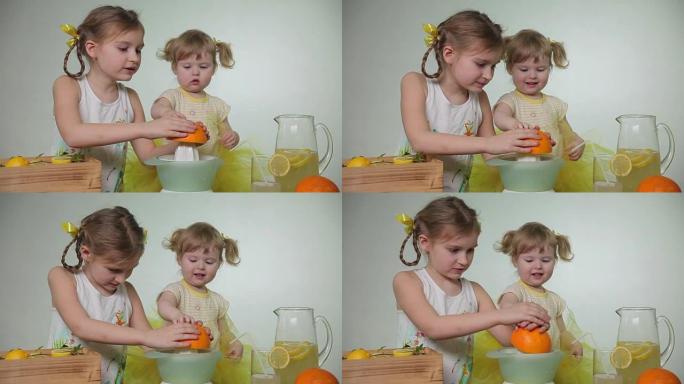 女孩从橙子中榨汁