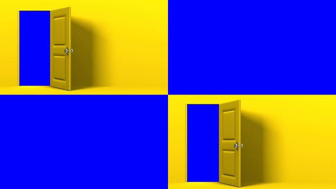 黄色门和带蓝色色度键的文本空间