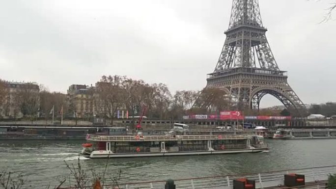 法国巴黎市著名塞纳河渡轮交通湾全景4k