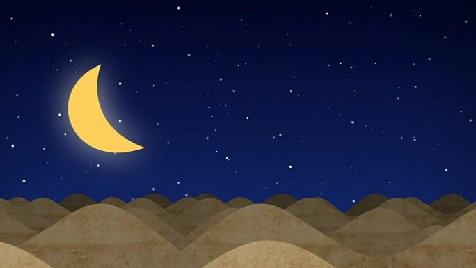 与月亮在繁星点点的夜晚动画卡通沙漠沙丘