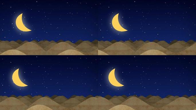 与月亮在繁星点点的夜晚动画卡通沙漠沙丘