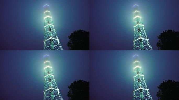 晚上用火装饰的电视塔。圣彼得堡。4K。
