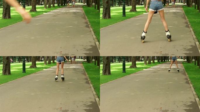 穿短裤的女孩在公园里溜冰