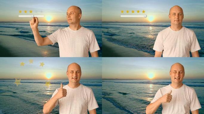 日落时站在海边的海滩上的一名成年男子对该度假胜地的评价很高。海滩的高分为5星，既长又美丽。