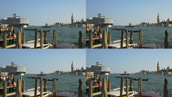 意大利威尼斯市圣马尔科湾杜卡莱宫邮轮运河景观日落全景4k