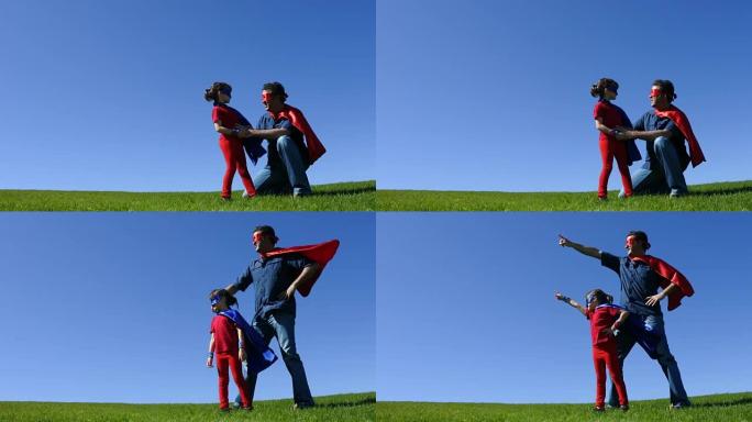 超级英雄父亲向女儿展示如何成为对抗蓝天的超级英雄