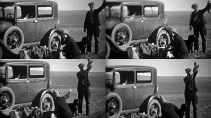 1934: 一名男子在模型汽车旁边举着被猎杀的死鸟。