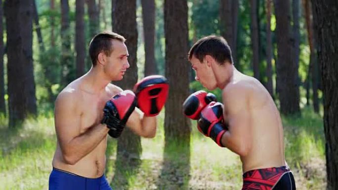 在拳击手套中，年轻的运动男子裸露，裸露的躯干，盒子，练习打击，捕捉，战斗的技术。慢动作。在松树林中，