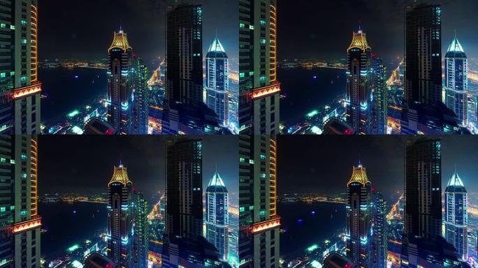 迪拜棕榈夜灯码头屋顶全景4k延时阿拉伯联合酋长国