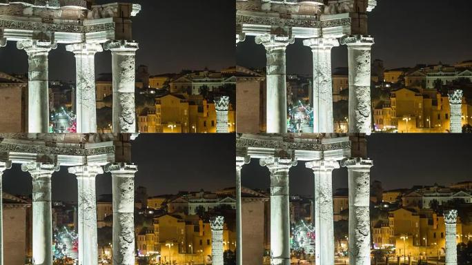 罗马论坛和夜间交通的延时视频。意大利罗马
