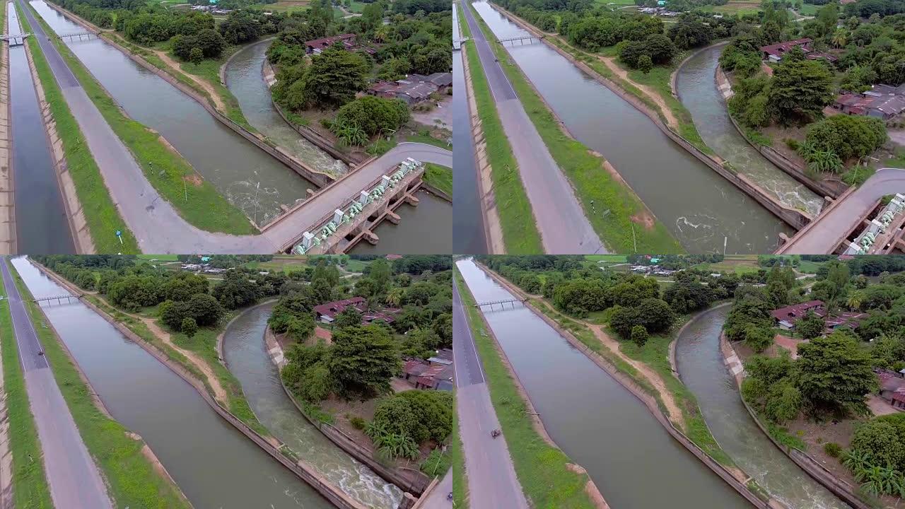 飞越水门和农村灌溉渠道，航拍视频