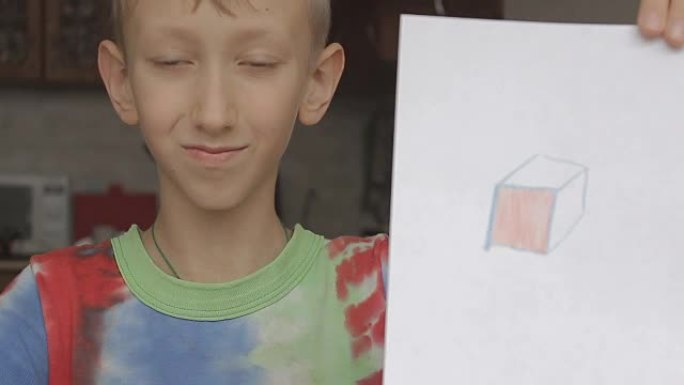 一个男孩展示了一个立方体的图片