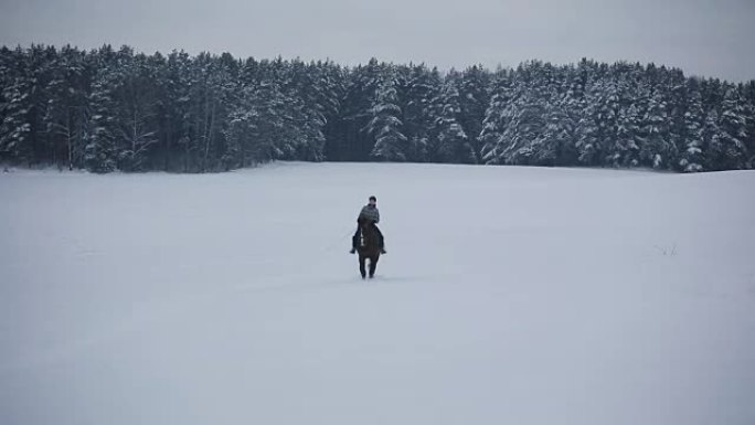 在冬季森林里骑马的女人