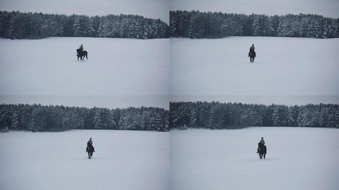 在冬季森林里骑马的女人