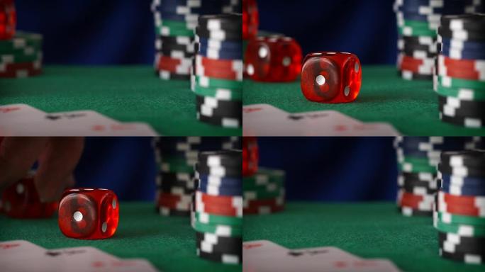红色骰子在手指上滚动，赌场筹码，绿色毛毡上的卡