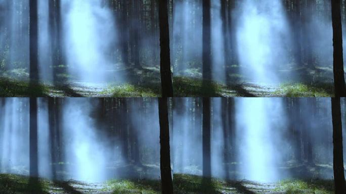蓝色灯光下森林中的烟雾