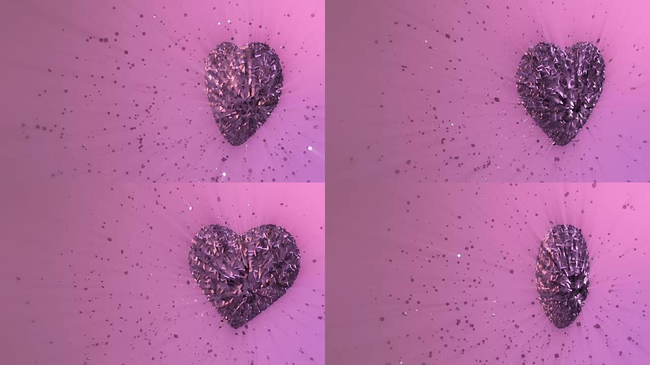 3d动画: 抽象循环动画背景: 旋转发光的紫心形成的碎片和紫罗兰色的立方体与杂散的碎片旋转。彩色背景