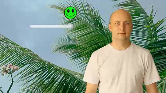 人们在虚拟屏幕上用笑脸评估度假胜地。这个人把滑块朝着满意的方向移动。对夏季休息场所的估计。夏天没有棕