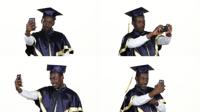 毕业生制作自拍照片。白色。特写